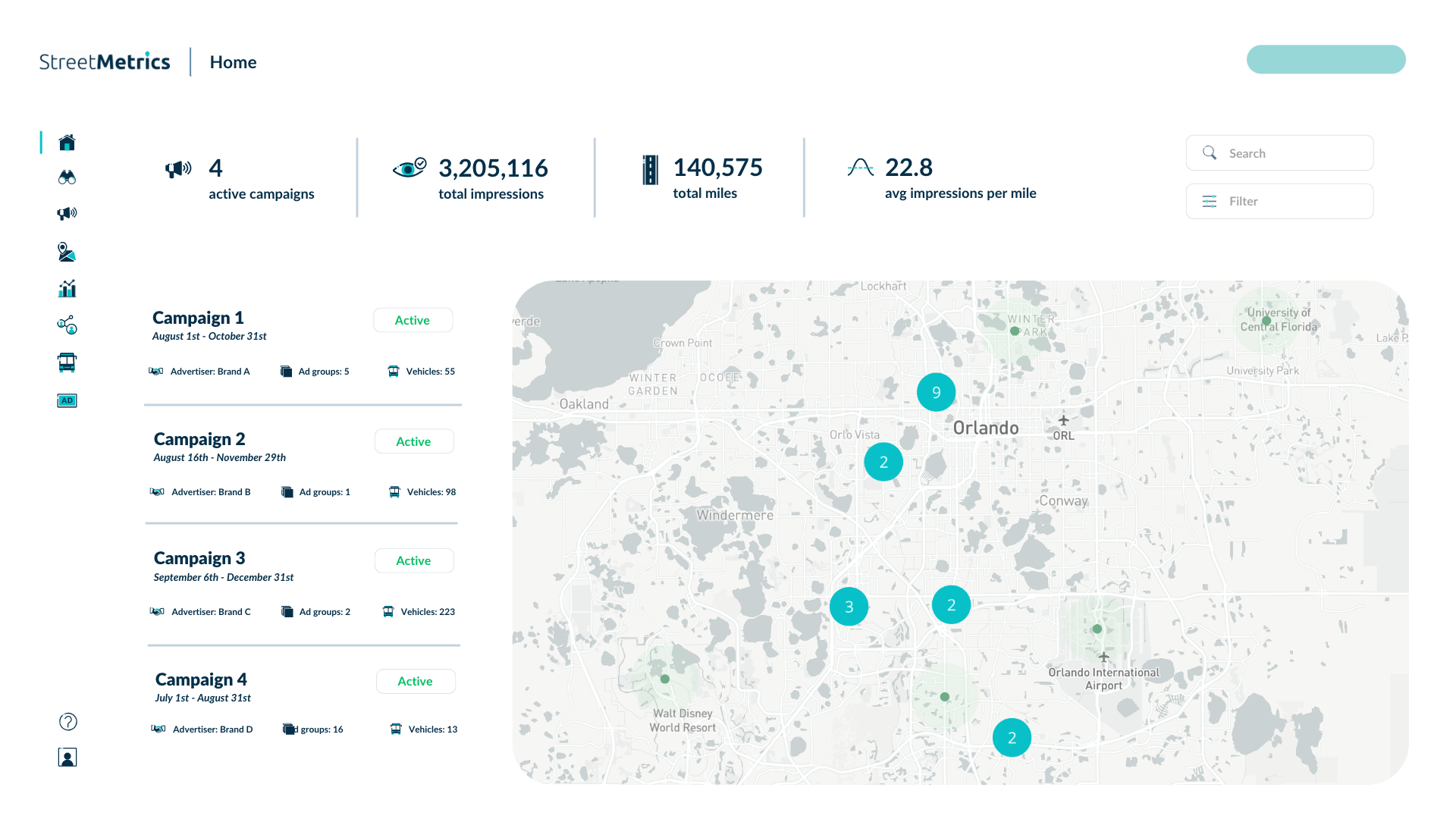 Campaign Manager view showing out-of-home campaigns and a live map of vehicle routing